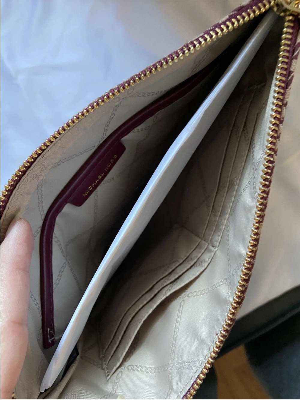 NWT: Michael Kors Maroon & Beige Striped Tote with Wristlet - Picture 11 of 13
